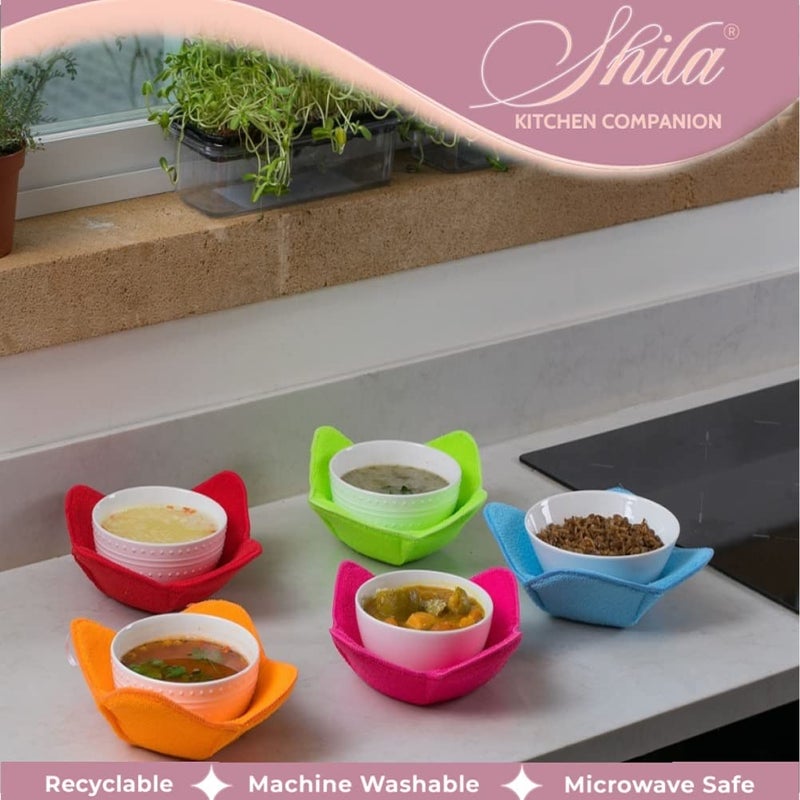 SHILA Bowl Snuggies, Multicolor Set of 5 Microwave-Safe Hot Bowl Holders to Keep Your Hands Cool and Your Food Warm, Polyester & Sponge Heat Resistant Dish Pads for Soup, Rice and Pasta - Image 4